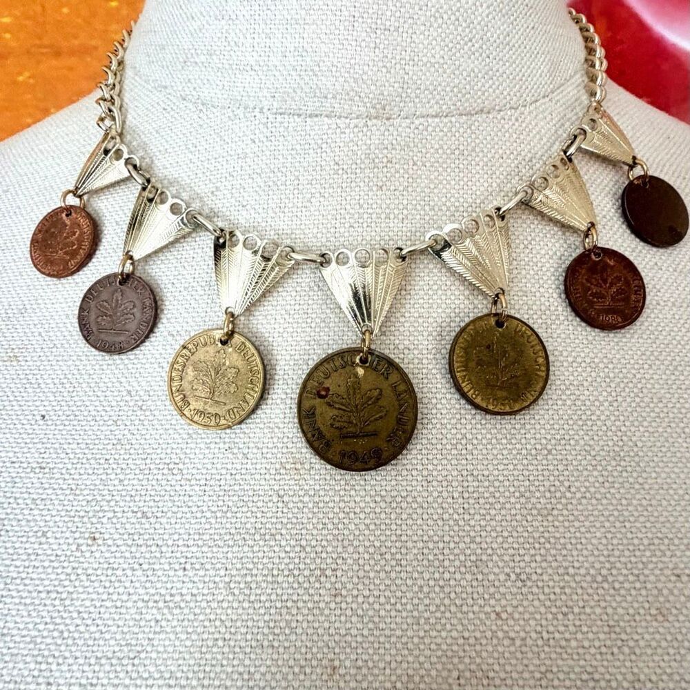Vintage German Pfennig Coin Charm Necklace 1940s 1950s Germany
